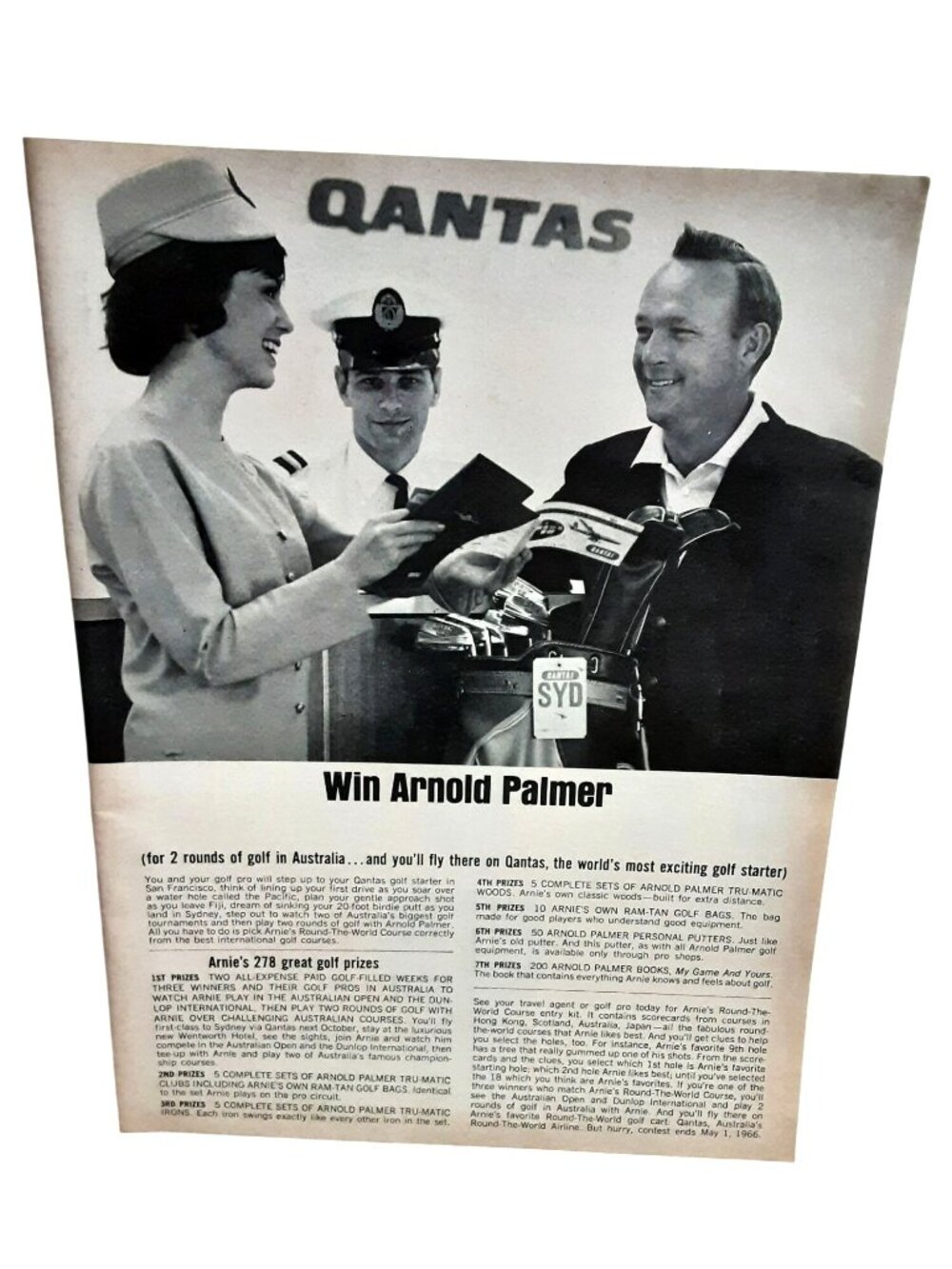 1966 Qantas Airlines Arnold Palmer Golf Australia Vintage Print Ad